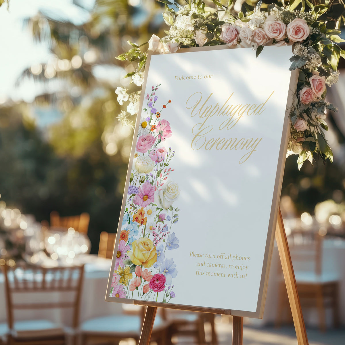 Unplugged Ceremony Wedding Sign - Our Summer Collection features beautiful wedding stationery and signage with gentle summer colours, vibrant florals, and soft butter yellow text – perfect for adding a fresh, romantic feel to your special day.