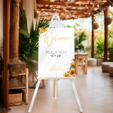 Sunflowers floral pick a seat not a side wedding ceremony sign - personalised pick a seat sign, with a crisp white background and an elegant yet joyful yellow typography, adorned with rustic and vibrant sunflowers.