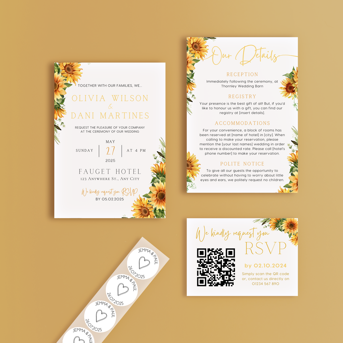 sunflowers floral wedding stationery essentials bundle - wedding stationery bundle customised - wedding invites bundle with rsvp - personalised wedding invites rsvp bundle