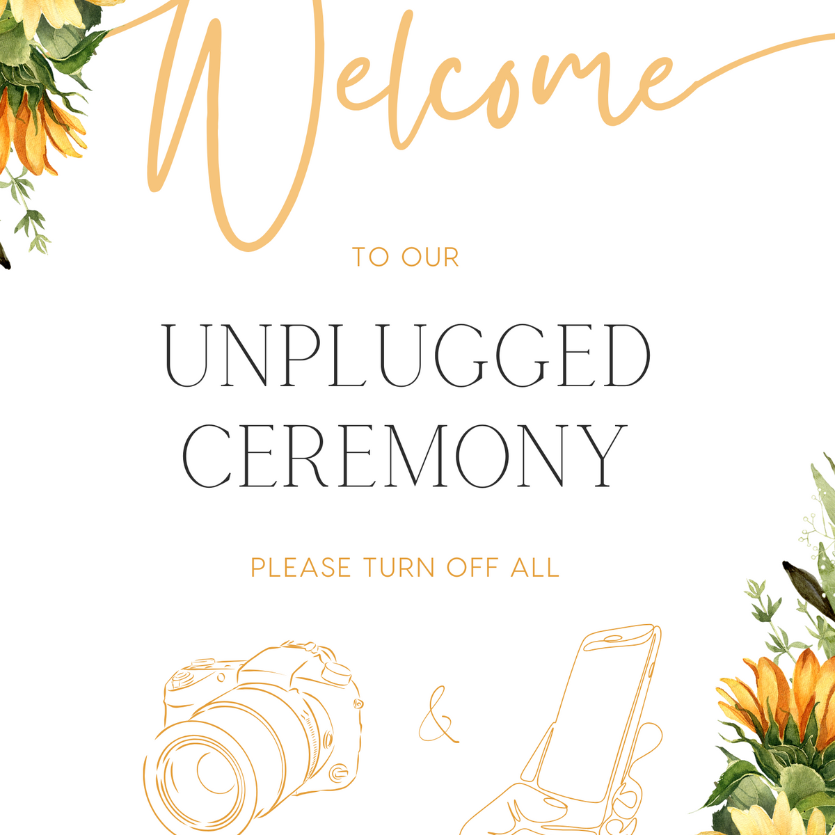 Sunflower design unplugged wedding ceremony sign - unplugged ceremony customised display sign