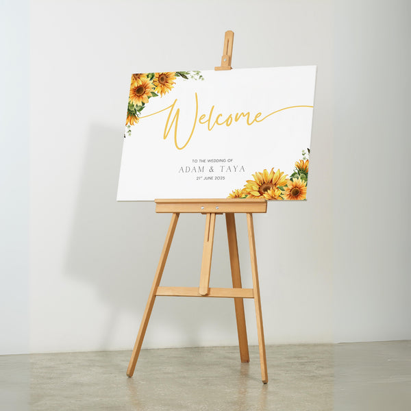 sunflowers floral wedding welcome sign personalised - custom wedding welcome board, with your unique names and dates, with a beautiful and joyous sunflower themed design.