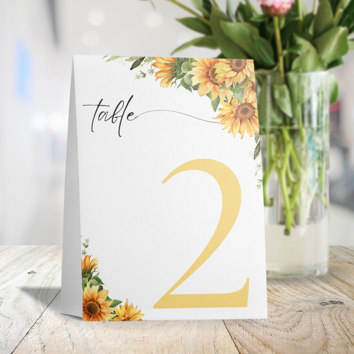 sunflower floral table tent number for wedding tables - luxury wedding table numbers personalised