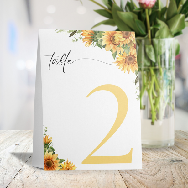 sunflower floral table tent number for wedding tables - luxury wedding table numbers personalised