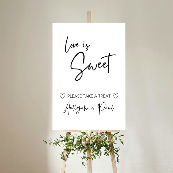 timeless white wedding sweet table sign - personalised love is sweet sign