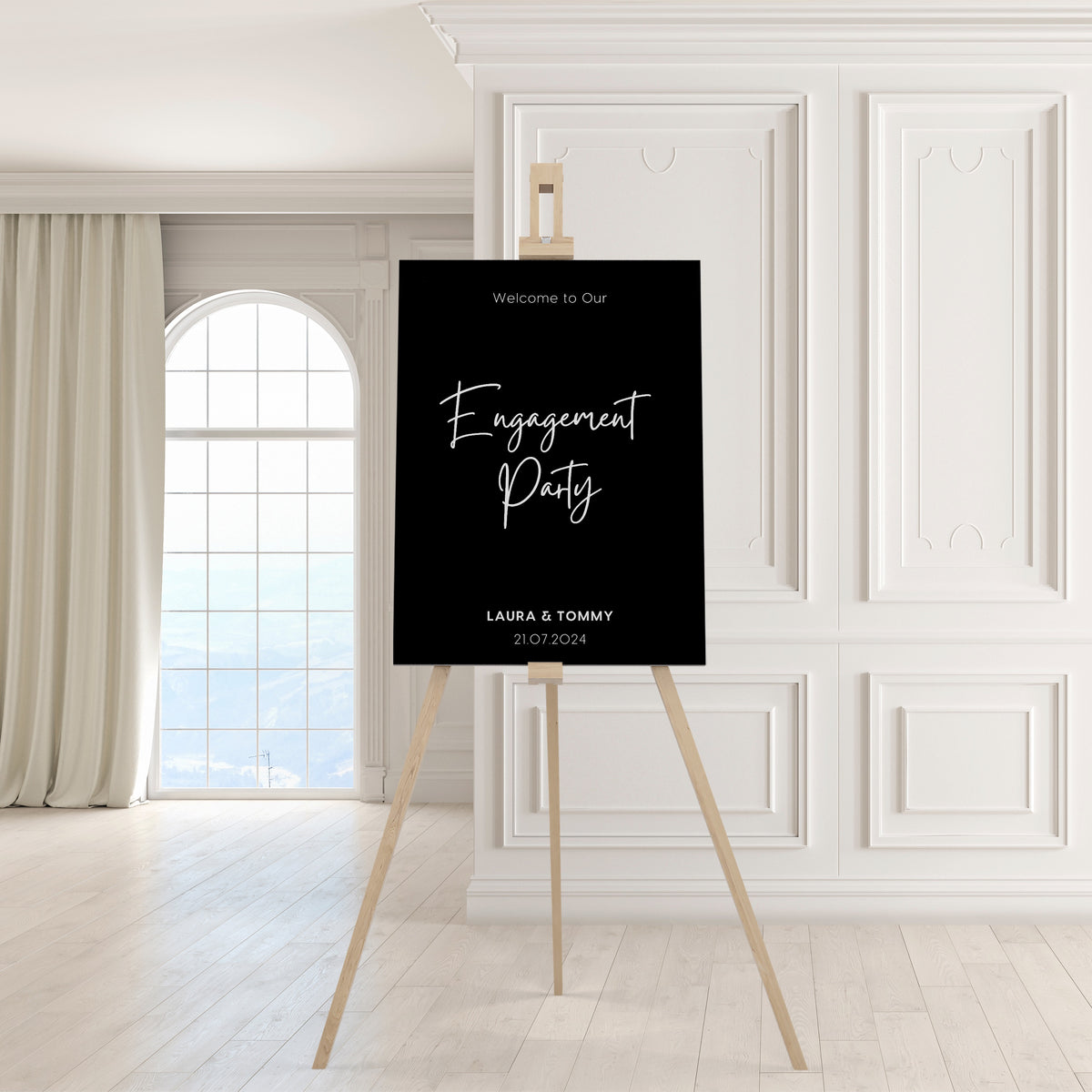timeless black engagement party sign | personalised engagement party welcome board