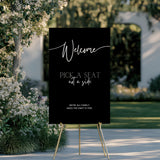 timeless black pick a seat not a side wedding welcome sign - personalised chic black wedding ceremony sign, featuring a bold black background, with elegant white typography, giving the ultimate classy-chic look.