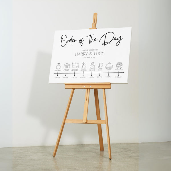 timeless white order of the day wedding sign - personalised wedding wedding sign, with a crisp white background and sophisticated black text