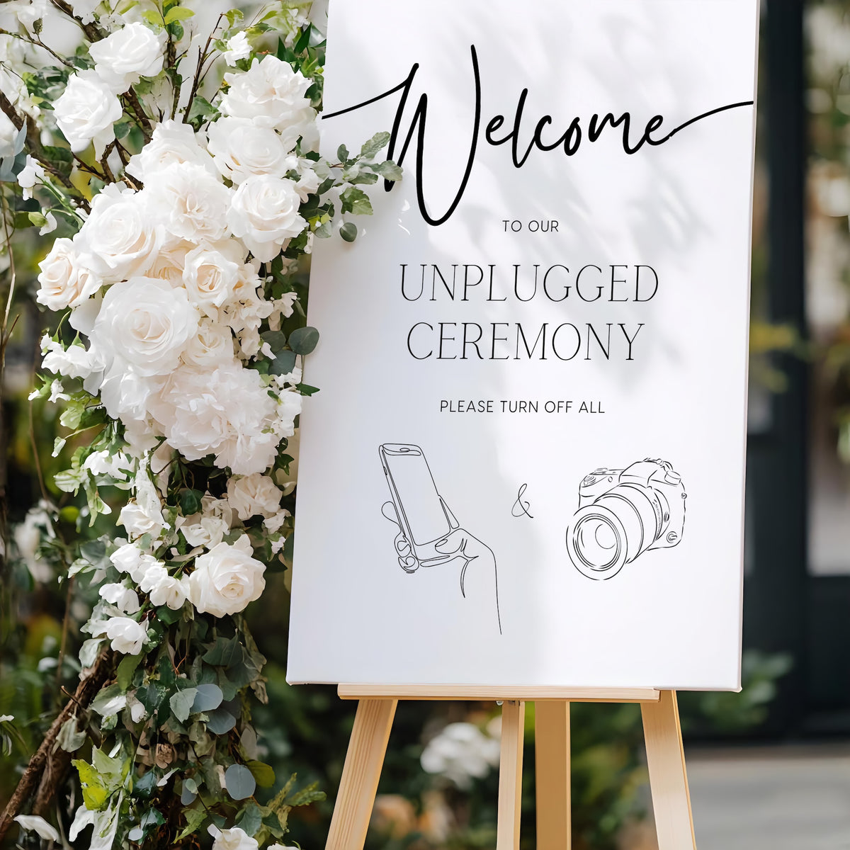 timeless white wedding unplugged ceremony sign - elegantly designed to make a statement. Unplugged Ceremony Wedding Board printed in the UK