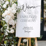 timeless white wedding unplugged ceremony sign - elegantly designed to make a statement. Unplugged Ceremony Wedding Board printed in the UK