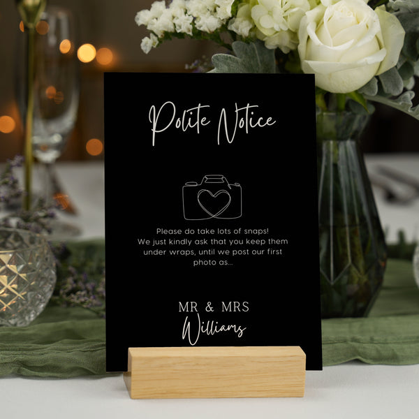 timeless black polite notice wedding sign - Polite notice card for wedding display - luxury wedding signage