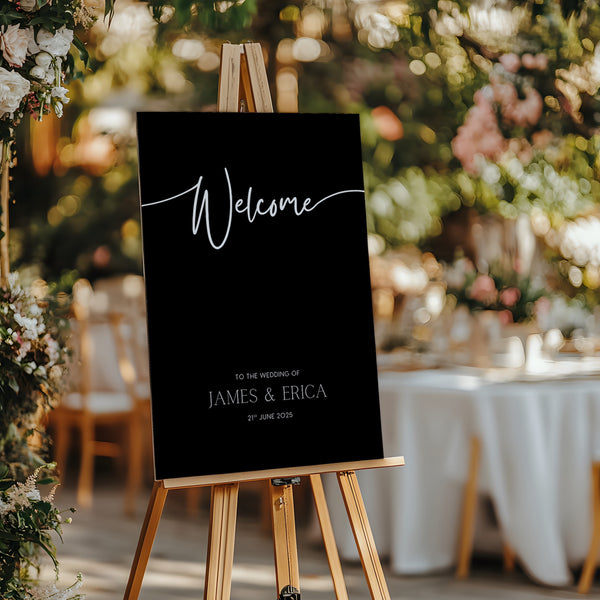 Black wedding welcome sign with custom details - a sleek black background with crisp white text, for a modern and sophisticated welcome to your special day