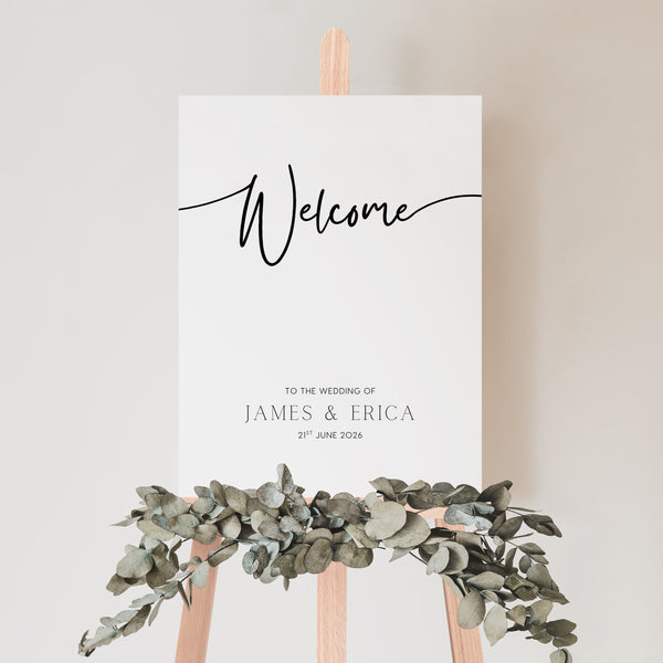 timeless white wedding welcome sign personalised - A custom wedding welcome sign, in a minimalist white design, featuring a plain white background and elegant black typography with your unique details
