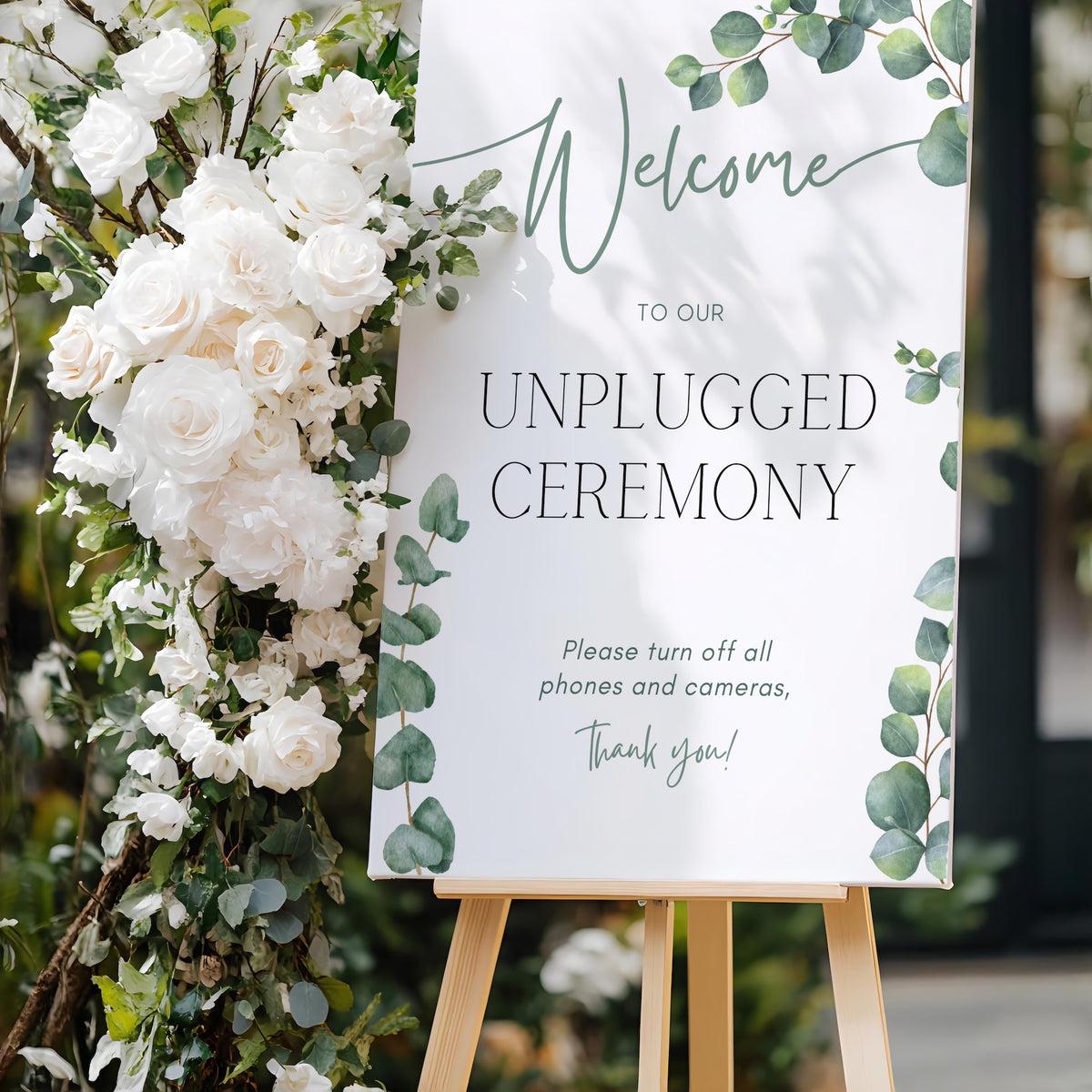 eucalyptus wedding unplugged ceremony sign - elegantly designed to make a statement. Unplugged Ceremony Wedding Board printed in the UK