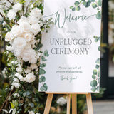 eucalyptus wedding unplugged ceremony sign - elegantly designed to make a statement. Unplugged Ceremony Wedding Board printed in the UK