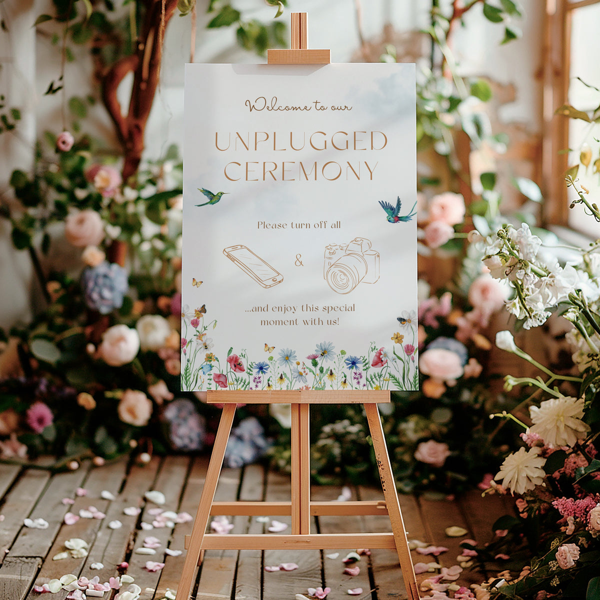 Fairytale Unplugged Ceremony Wedding Sign - Personalised Wild Flower Design Elegant Unplugged Ceremony Board