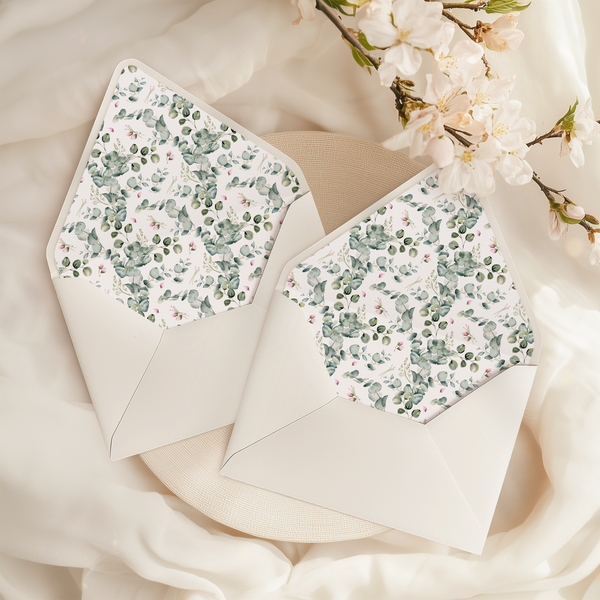 A flat lay of elegant wedding invitation envelopes, partially open to reveal beautifully designed envelope liners in various styles, including floral, modern, and classic patterns. The envelope inserts add a touch of luxury and sophistication to the stationery set.