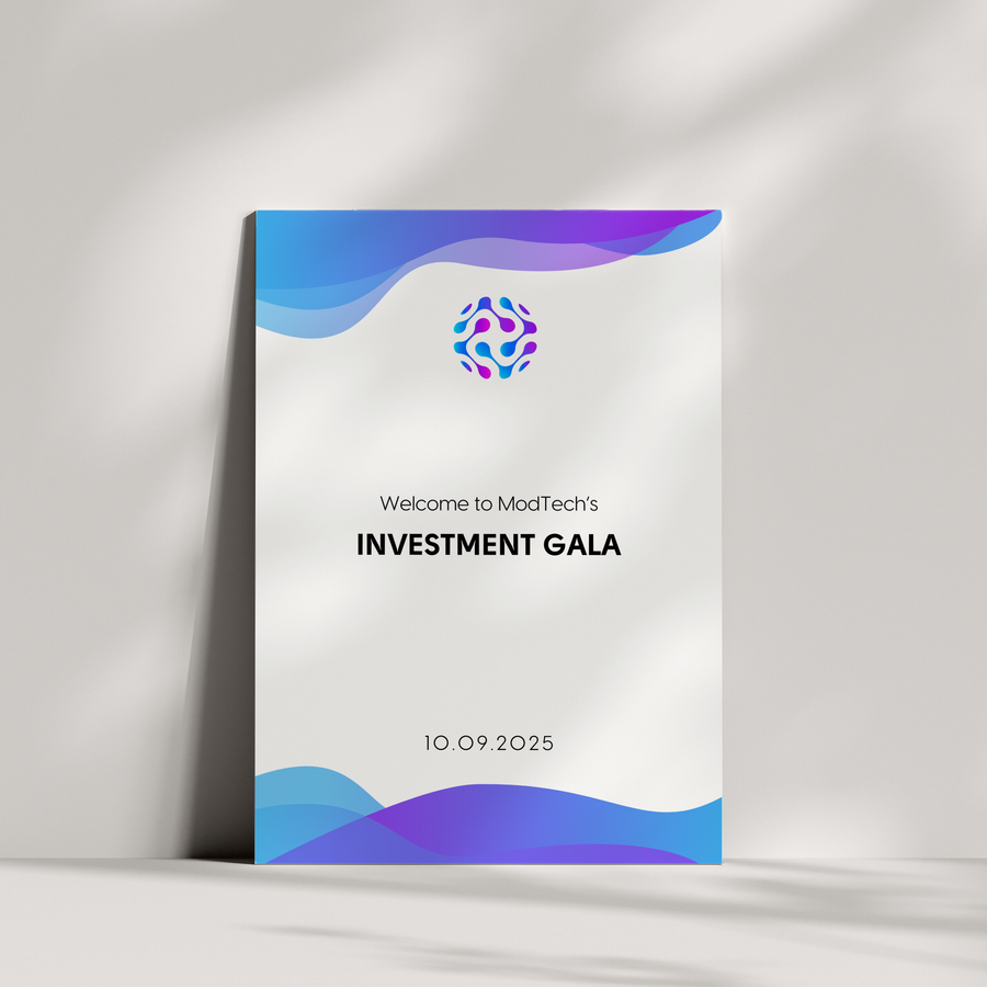 Branded Business Event Signage – A custom business event sign showcasing a company logo and event details, adding a polished, professional touch to the venue.