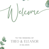 Eucalyptus Wedding welcome sign - a personalised wedding welcome board, adorned with eucalyptus foliage watercolour designs, and elegant green typography. The perfect blend of understated elegance and natural beauty.