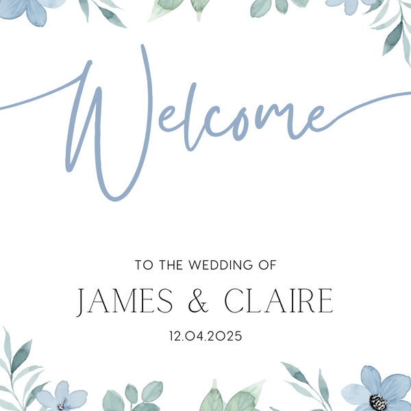 blue floral wedding welcome sign - a charming wedding welcome sign, featuring dusty blue florals for an elegant, eye-catching entrance
