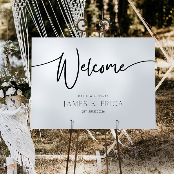 timeless white wedding welcome sign personalised - A custom wedding welcome sign, in a minimalist white design, featuring a plain white background and elegant black typography with your unique details
