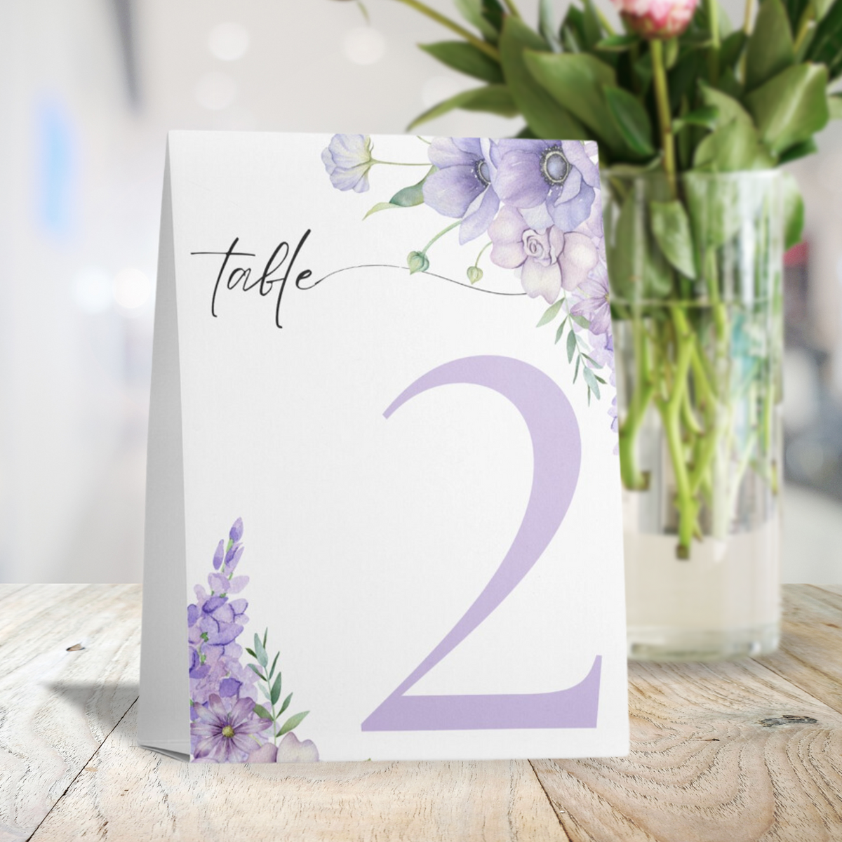 lilac floral table number for wedding tables - luxury wedding table numbers personalised