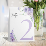 lilac floral table number for wedding tables - luxury wedding table numbers personalised