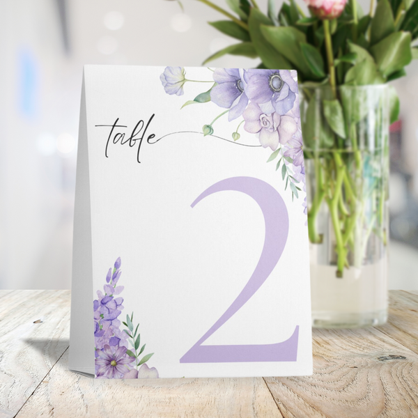lilac floral table number for wedding tables - luxury wedding table numbers personalised