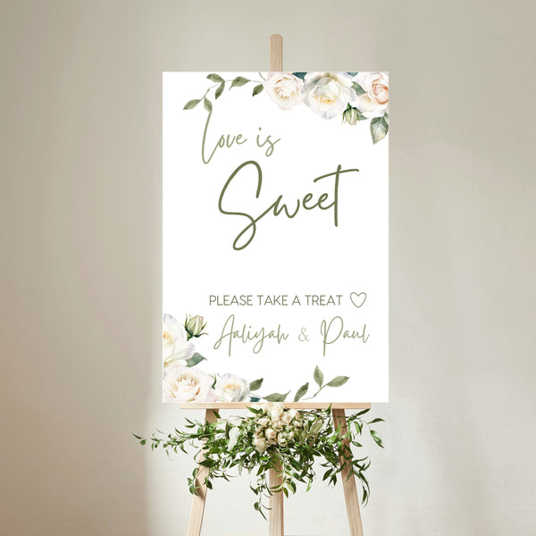 white roses floral wedding sweet table sign - personalised love is sweet sign