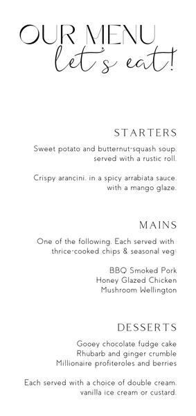 white wedding menu - custom wedding menu for winter wedding - personalised wedding menu UK
