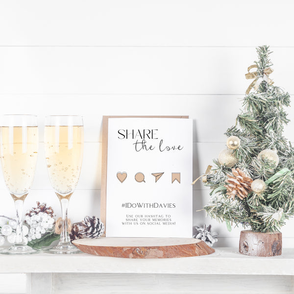 white winter wedding hashtag sign - hashtag share the love wedding sign uk - custom wedding hashtag