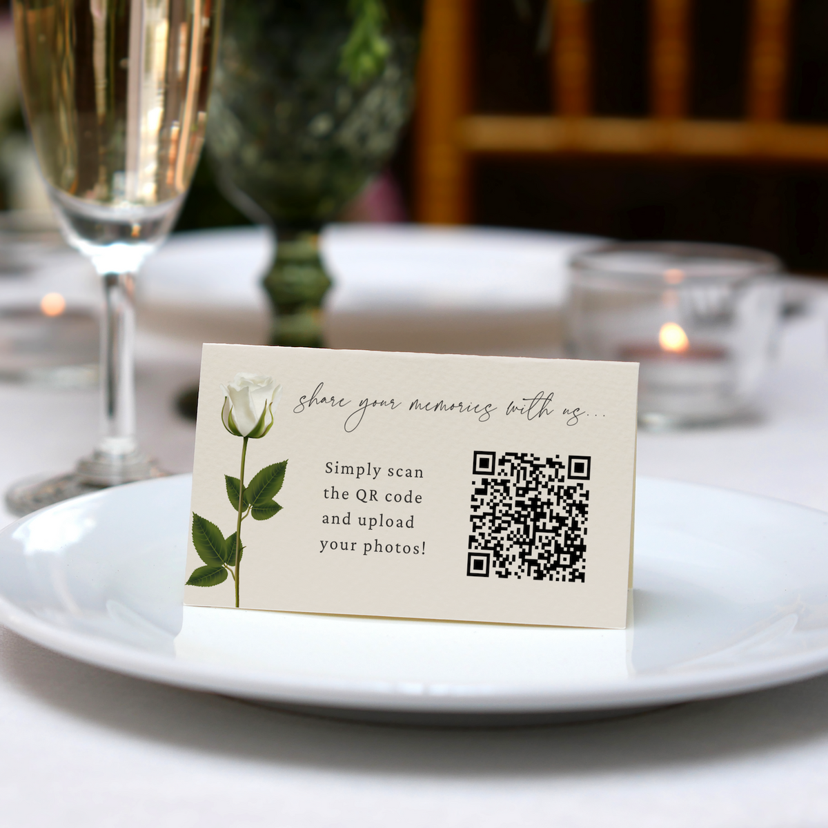 Personalised Wedding Place Cards – Elegant, custom wedding place cards with guest names, featuring a discreet QR code on the reverse for photo sharing.