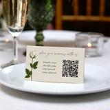 Personalised Wedding Place Cards – Elegant, custom wedding place cards with guest names, featuring a discreet QR code on the reverse for photo sharing.