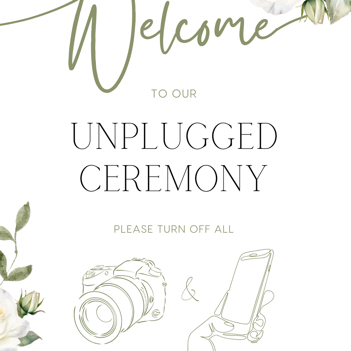 white rose floral wedding unplugged ceremony sign - elegantly designed to make a statement. Unplugged Ceremony Wedding Board printed in the UK