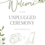 white rose floral wedding unplugged ceremony sign - elegantly designed to make a statement. Unplugged Ceremony Wedding Board printed in the UK