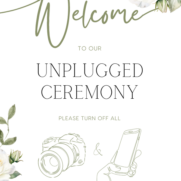 white rose floral wedding unplugged ceremony sign - elegantly designed to make a statement. Unplugged Ceremony Wedding Board printed in the UK