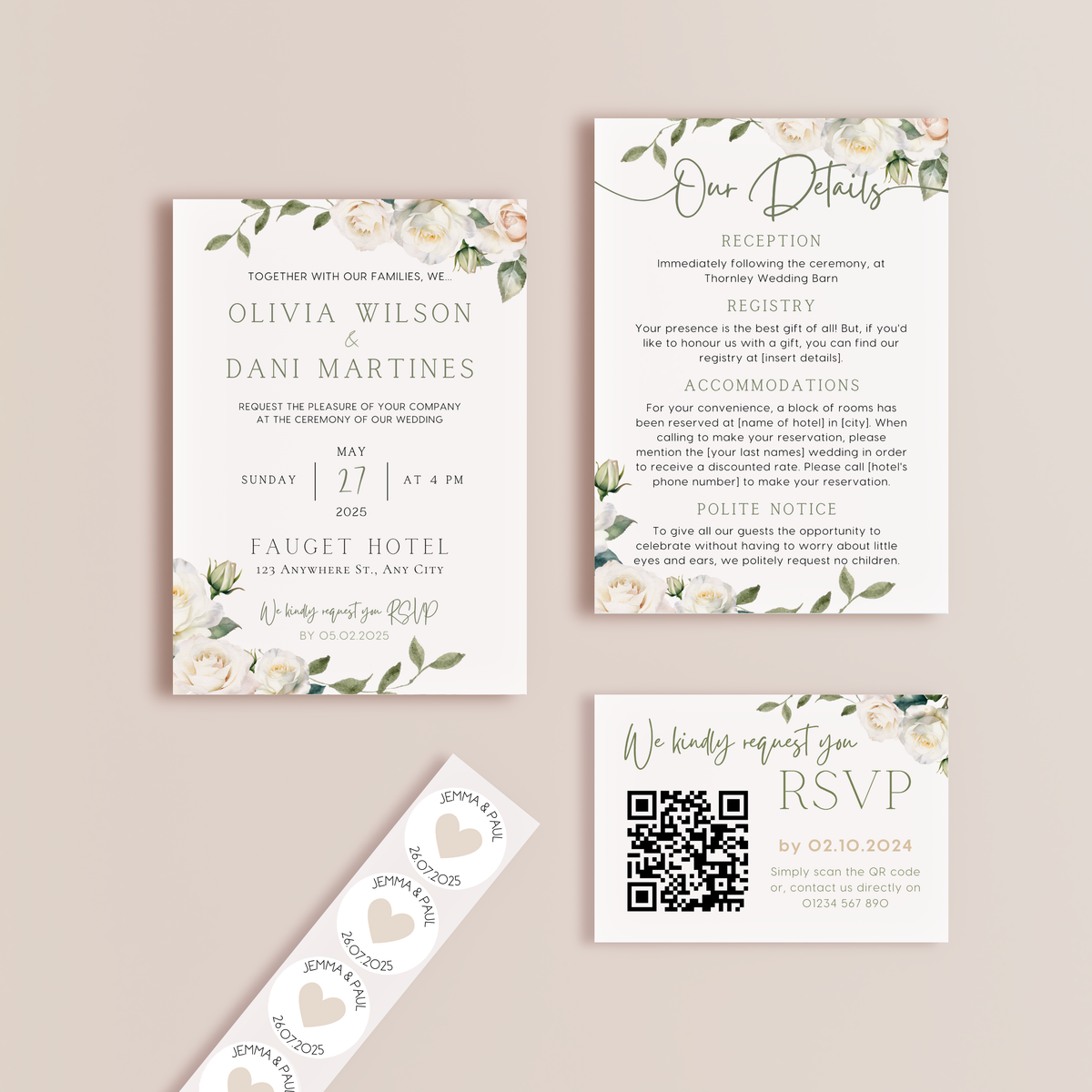 white roses floral wedding stationery essentials bundle - wedding stationery bundle customised - wedding invites bundle with rsvp - personalised wedding invites rsvp bundle