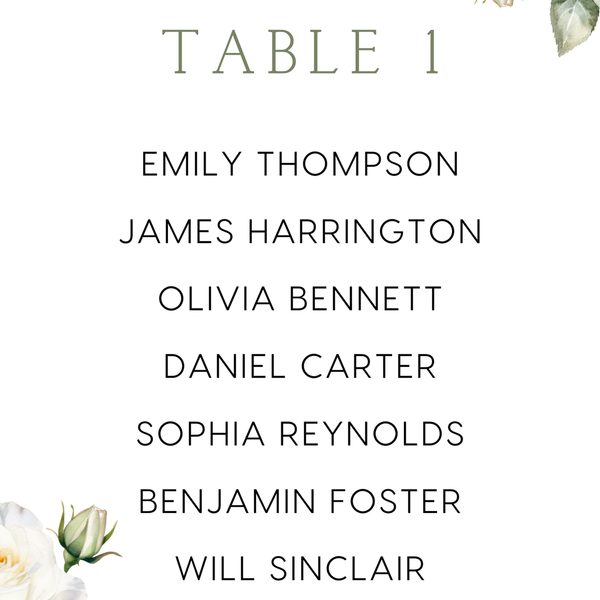 Custom Wedding Seating Plan Cards A5 or A6 – Elegant A5 or A6 wedding seating plan cards printed on 350gsm cardstock, featuring table numbers and guest names.