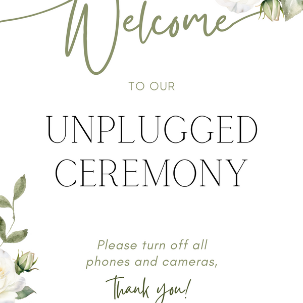 white rose floral wedding unplugged ceremony sign - elegantly designed to make a statement. Unplugged Ceremony Wedding Board printed in the UK