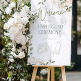 white rose floral wedding unplugged ceremony sign - elegantly designed to make a statement. Unplugged Ceremony Wedding Board printed in the UK