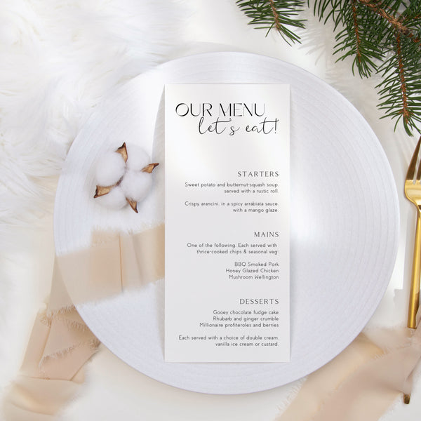 white wedding menu - custom wedding menu for winter wedding - personalised wedding menu UK