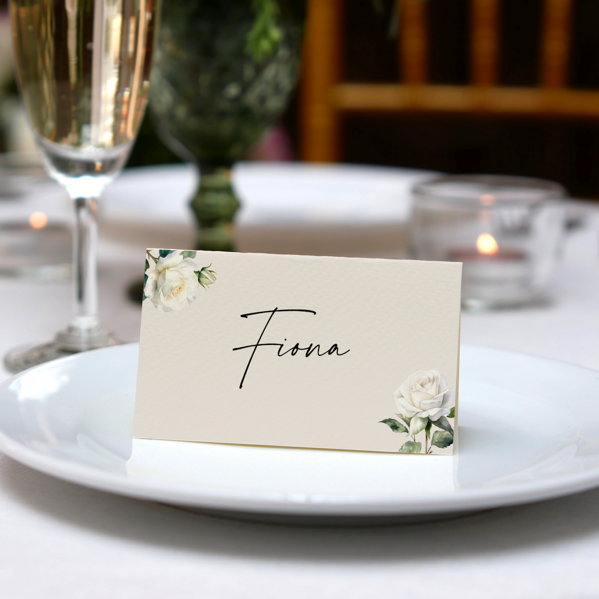 Personalised Wedding Place Cards – Elegant, custom wedding place cards with guest names, featuring a discreet QR code on the reverse for photo sharing.