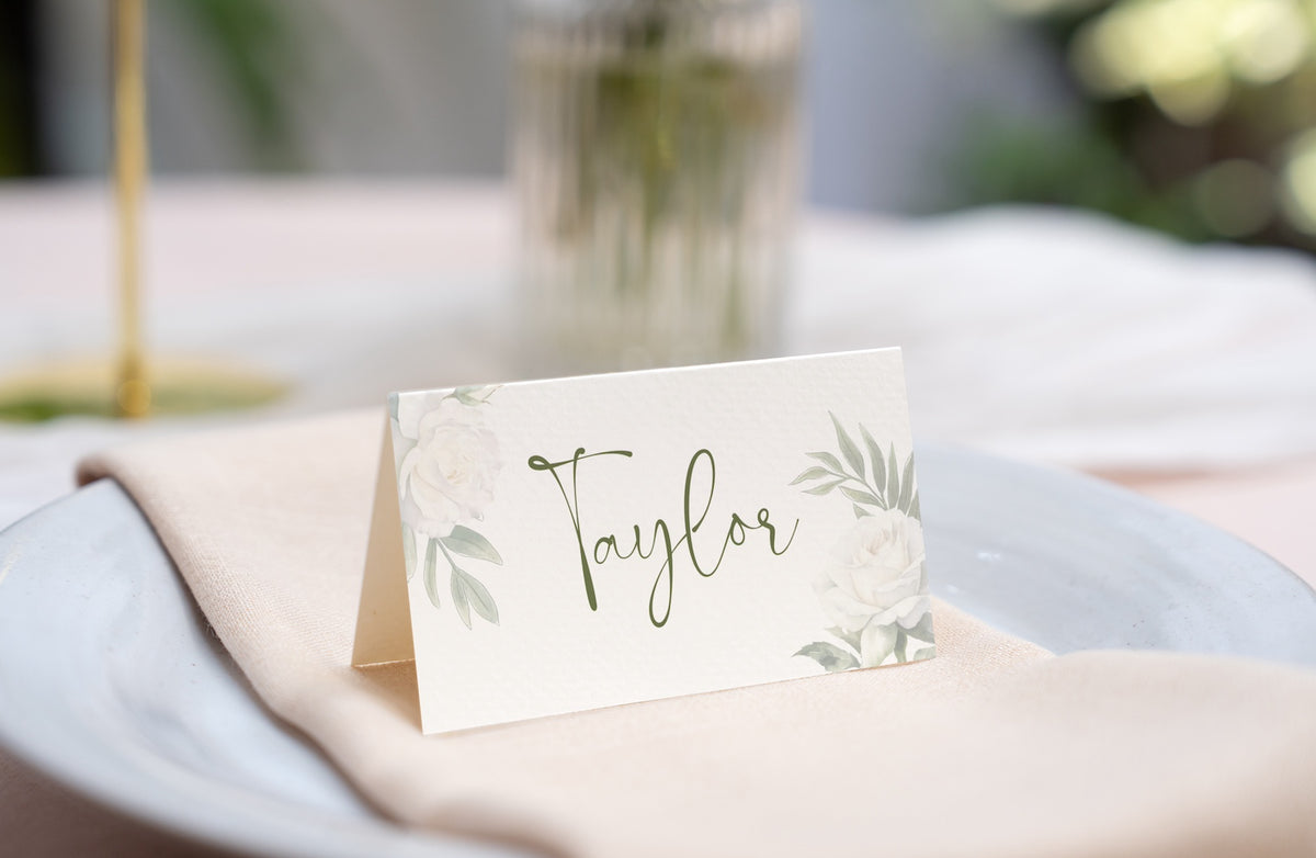 Luxury Handwritten Place Cards for Wedding - Standing Place Cards - white roses minimalist name cards for wedding tables