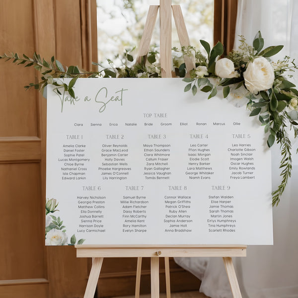 white roses floral wedding seating plan - personalised wedding board
