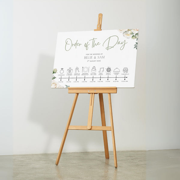 Order of the day wedding sign in white roses design - customised wedding board with white rose graphics and elegant black text, on a crisp white background