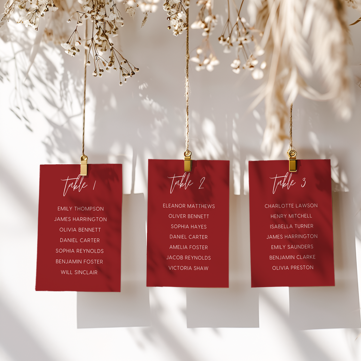 Custom Wedding Seating Plan Cards A5 or A6 – Elegant A5 or A6 wedding seating plan cards printed on 350gsm cardstock, featuring table numbers and guest names.