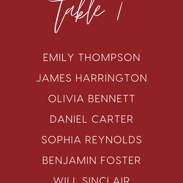 Custom Wedding Seating Plan Cards A5 or A6 – Elegant A5 or A6 wedding seating plan cards printed on 350gsm cardstock, featuring table numbers and guest names.