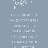 Custom Wedding Seating Plan Cards A5 or A6 – Elegant A5 or A6 wedding seating plan cards printed on 350gsm cardstock, featuring table numbers and guest names.