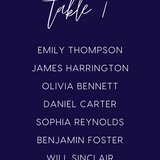 Custom Wedding Seating Plan Cards A5 or A6 – Elegant A5 or A6 wedding seating plan cards printed on 350gsm cardstock, featuring table numbers and guest names.