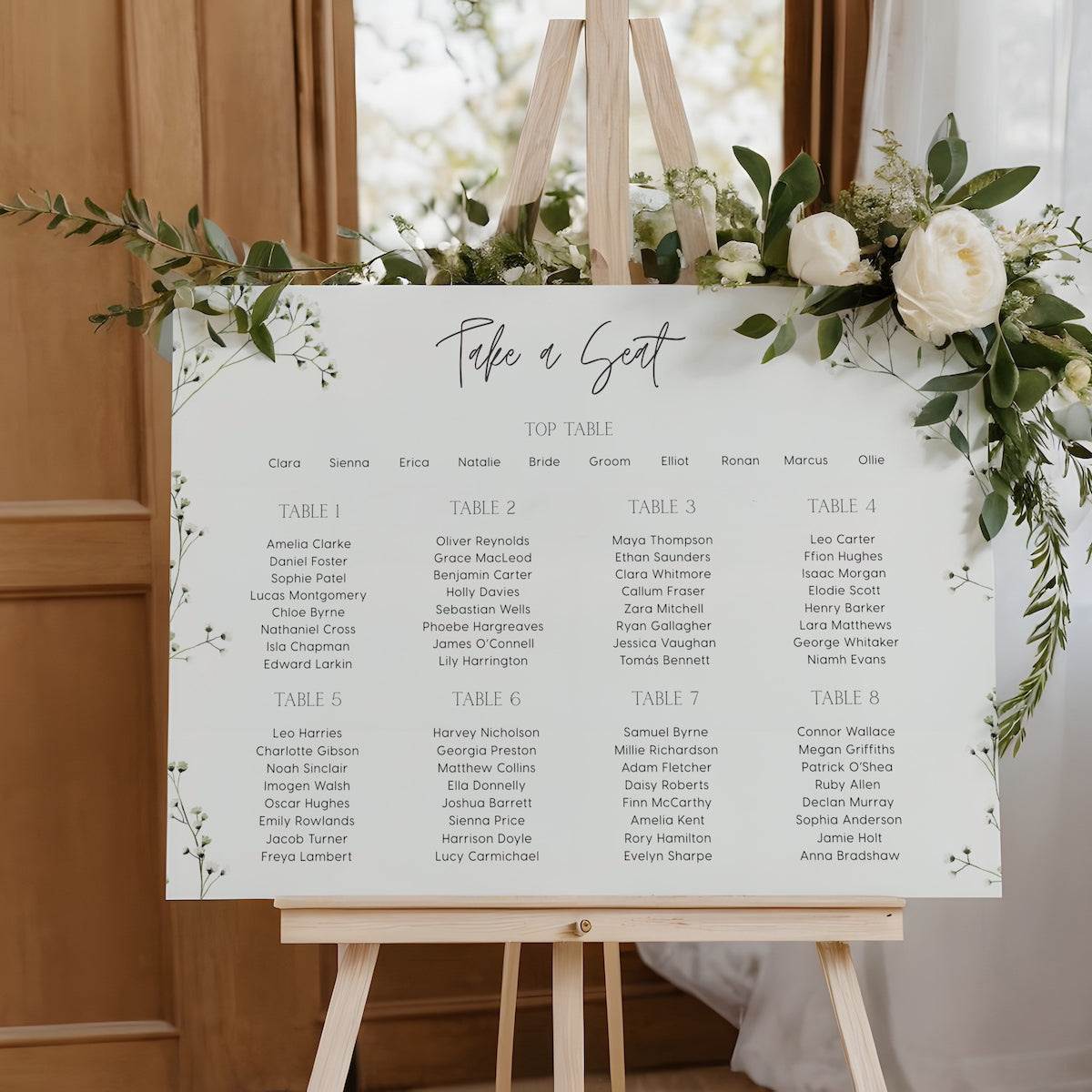 Baby's breath floral wedding seating plan sign - personalised wedding signs