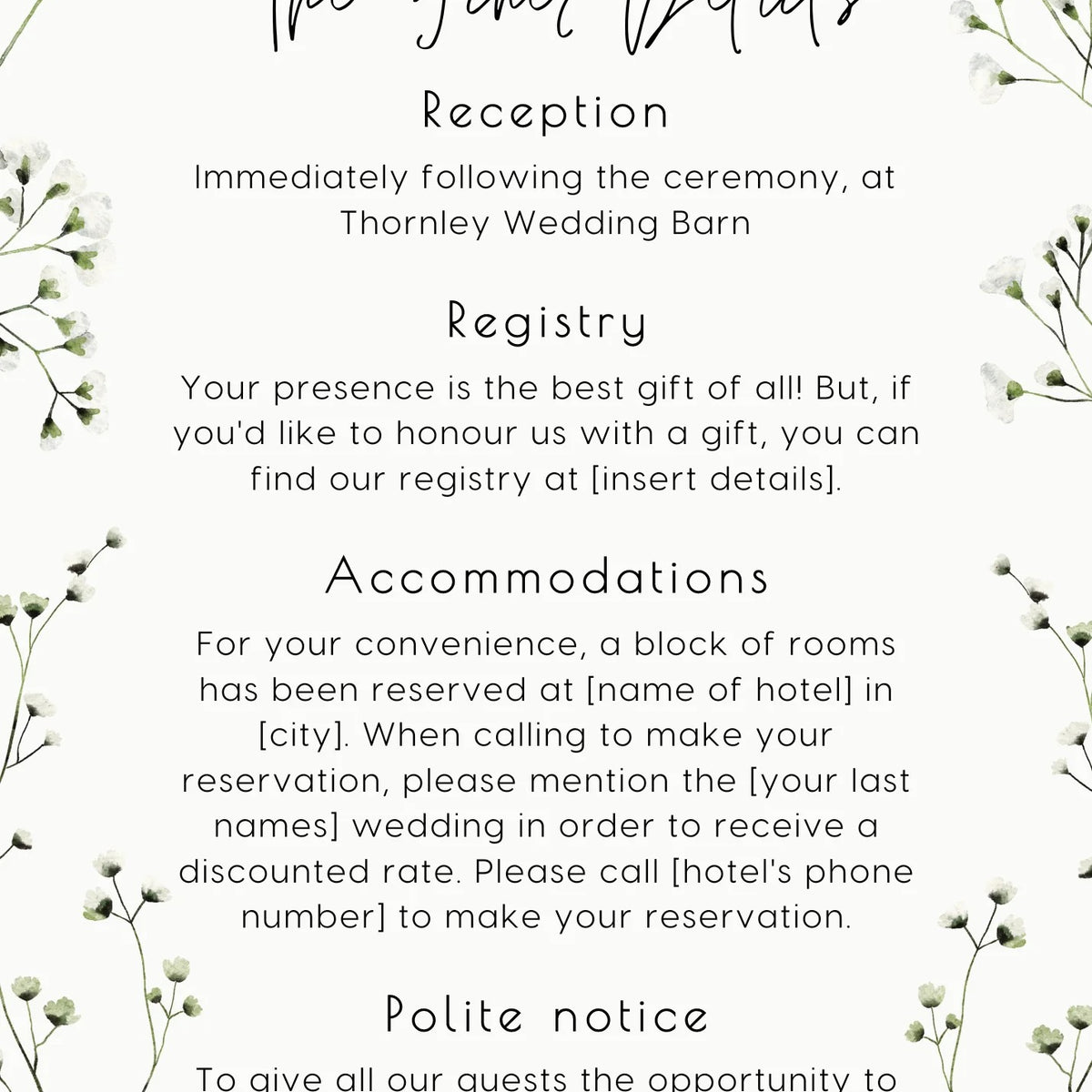 wedding invitations front and back - baby's breath gypsophila wedding invites customised